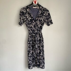 Dana Buchman Navy Blue Nylon Dress Size L Floral Polka Dot
